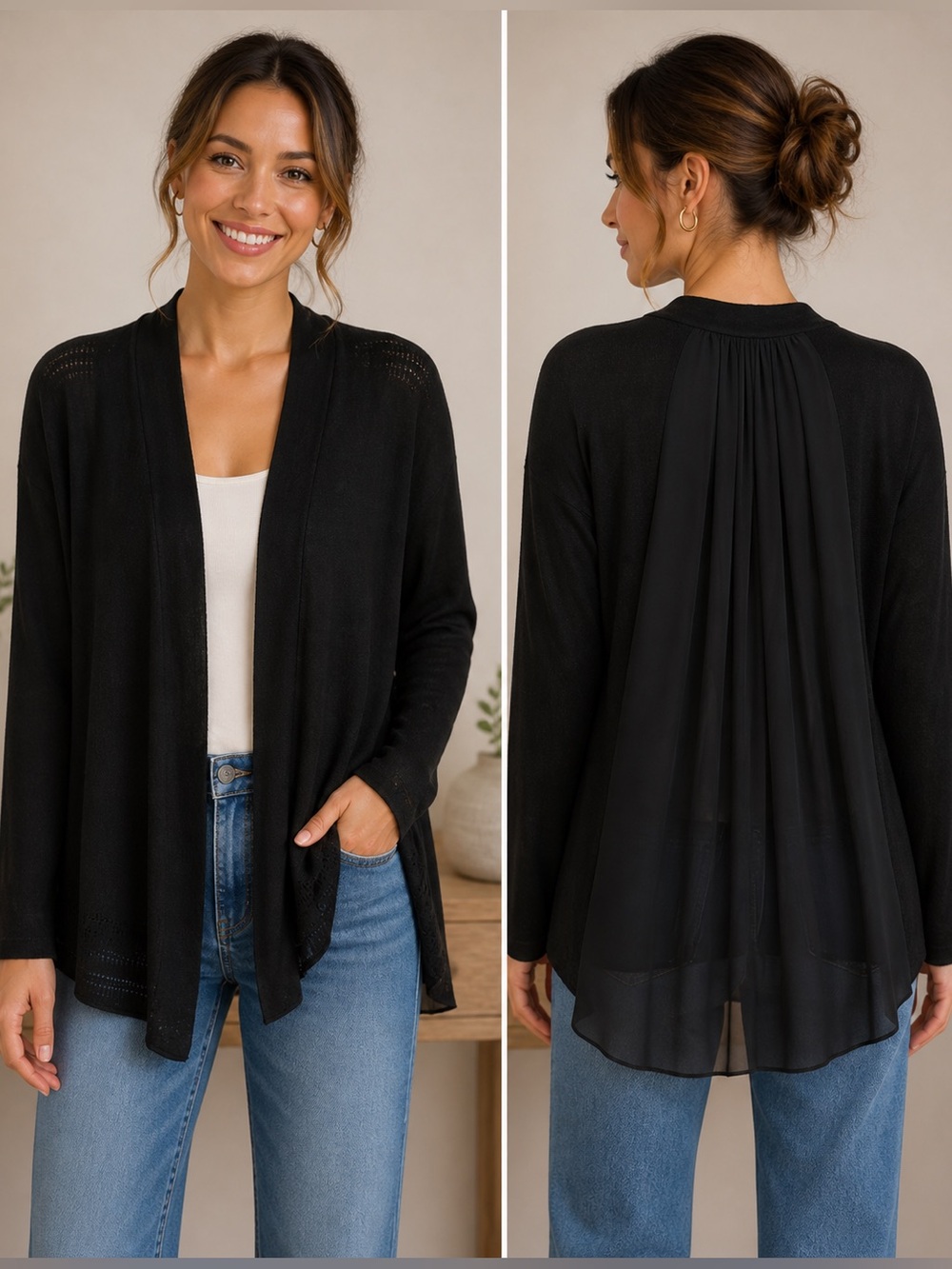 Women's Simply Vera Wang Black Sheer Pleaded Back Open Front Cardigan